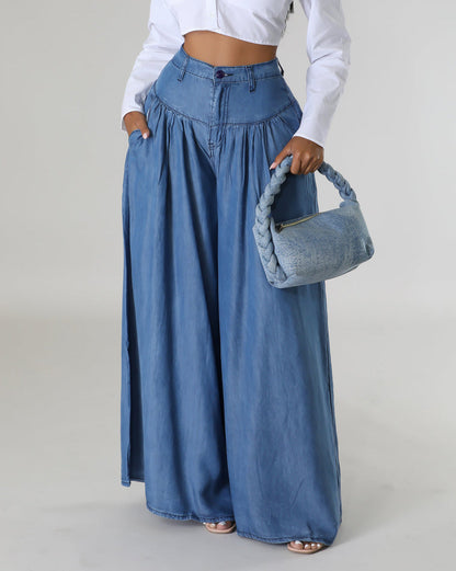 High Waist Zipper Wide Leg Denim Women Pants